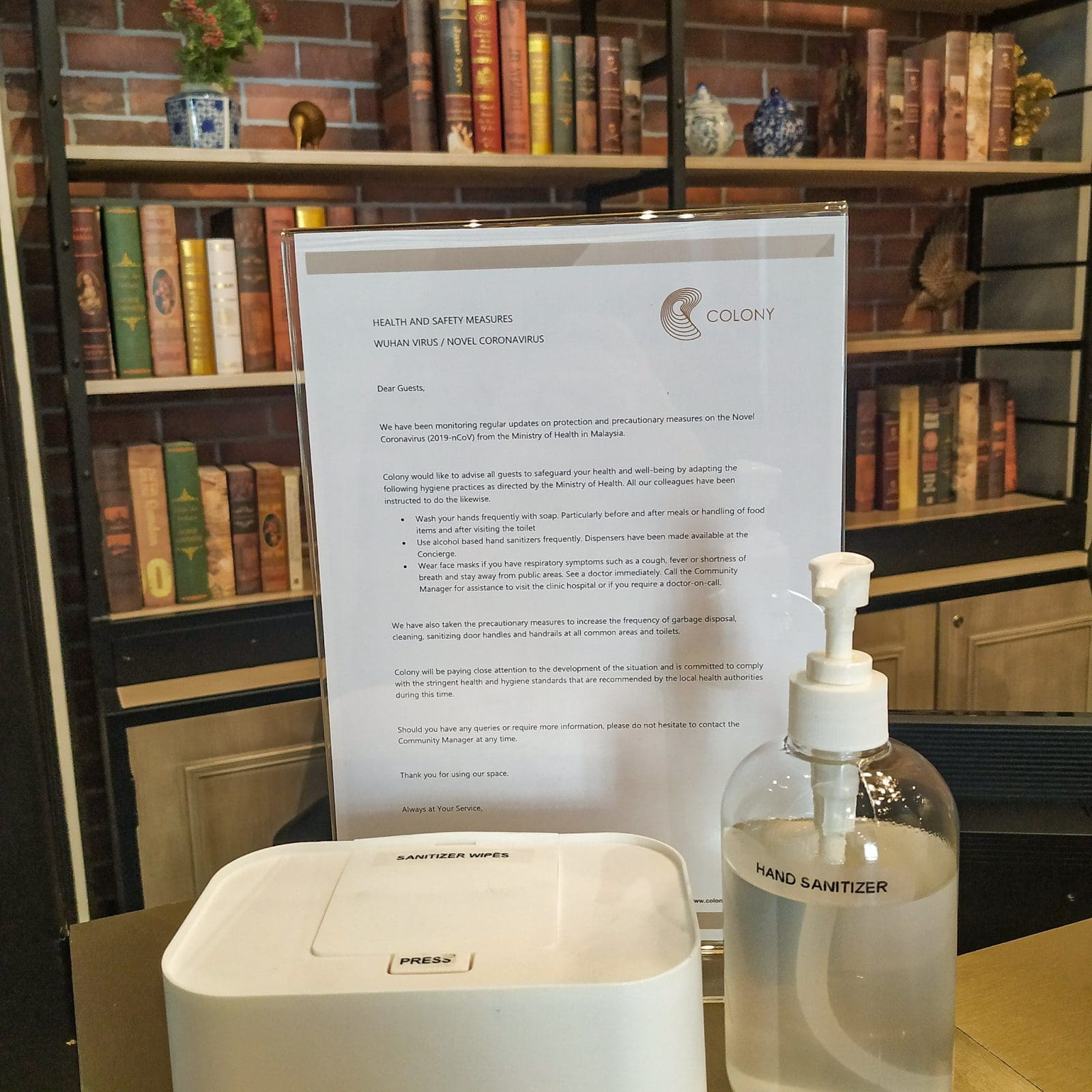 sanitizer dispensers and sanitizer wipes at concierge colony coworking space kl 